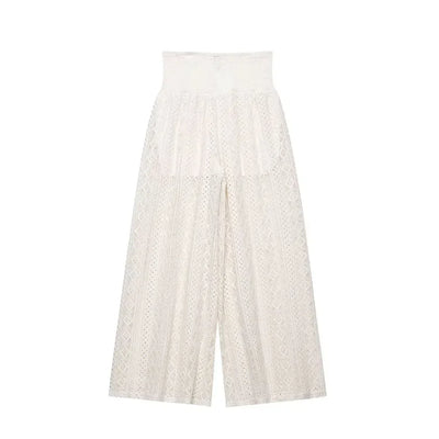 TRAF Women Lace Trousers Embroidery Hollow Out Simple Women's Pants Elastic Waist Loose Pants Female Wide Leg Pants