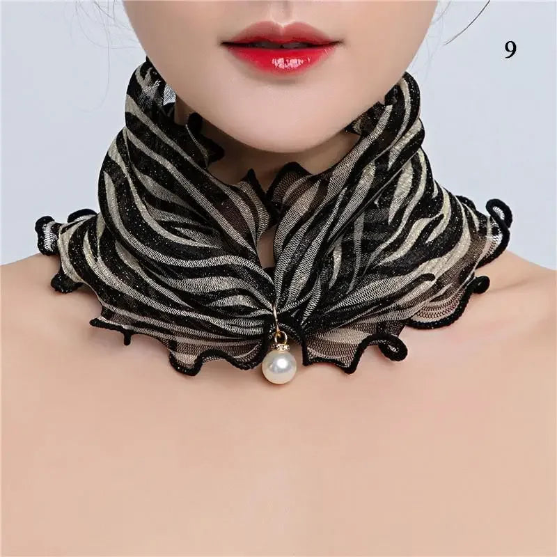 Women Ruffle Lace Scarf Pearl Pendant Chiffon Scarves Shiny Headscarf Thin High Elasticity Neck Wrap Organza Neck Collar Scarf