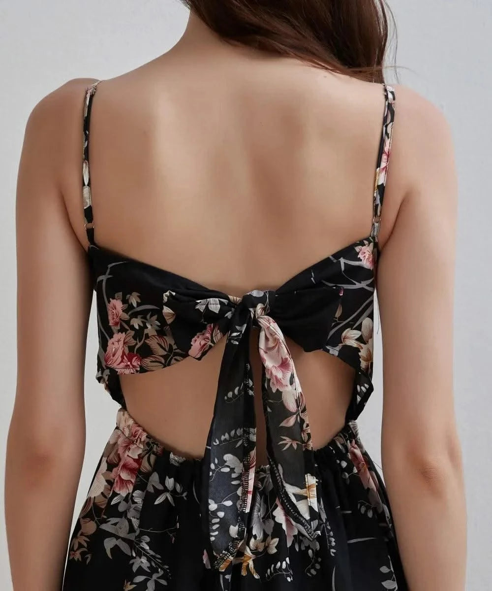 Women's Summer Black Floral V Neck Sleeveless Backless Halter Dress Fashion Elegant Sexy Bow Tie Black Backless Party Dresses