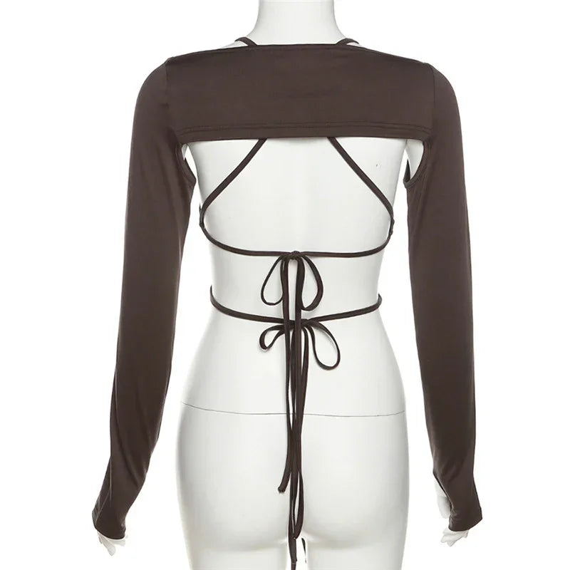 Y2k Streetwear 2 Piece Long Sleeve Halter Crop Top Sexy Trendy Irregular Backless Women T-shirts Aesthetic