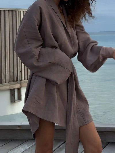 Elegant Cotton Linen V-neck Beach Dress 2025 Spring and Summer Women Fashion Soft Comfortable Loose Lace Vacation Casual Dress