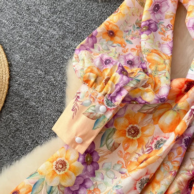 TWOTWINSTYLE Floral Printted Chic Dress For Women O Neck Long Sleeve Patchwork Sashes Temperament Dress Female Fashion KDR523818