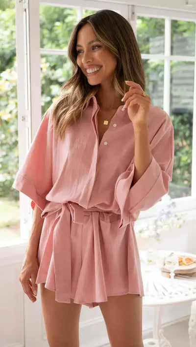 Women's Jumpsuit Spring/summer New Style With Collar Mid Sleeves Waist Strap Fashionable Loose Short Style Solid Color Jumpsuit