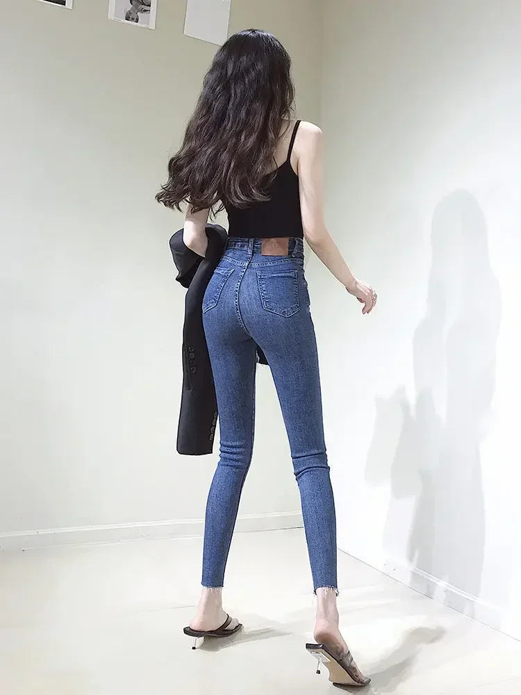 Skinny Pencil Slim Fit Women's Ripped Jeans 90s South Korea Cheap Summer Cowboy Pants for Woman Korean Fashion Xxl Torn Trousers