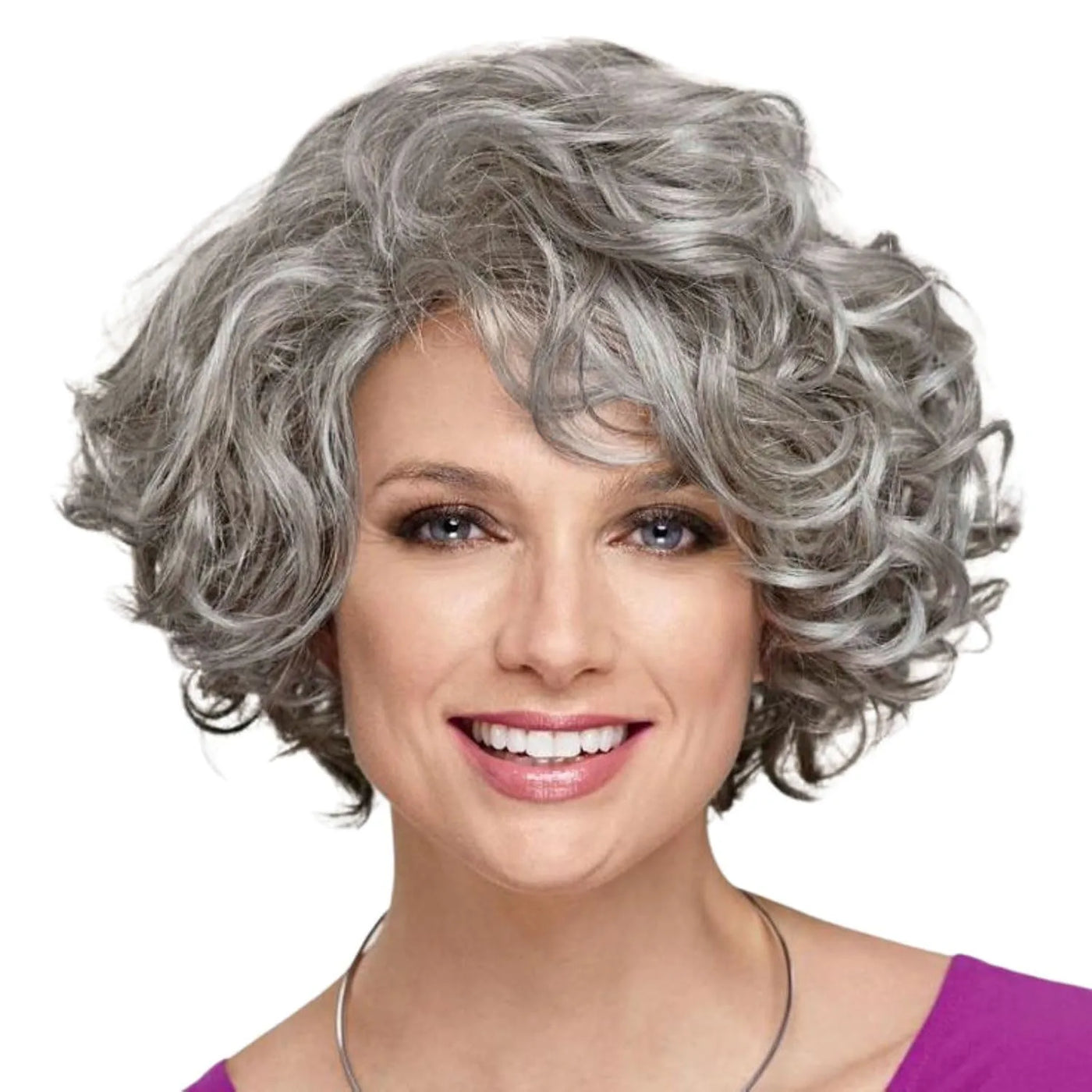 Short Curly Wigs for Women Synthetic Hair Grey Wig with Side Bangs Ombre Color Gray Wigs for Lady Dress Up Costume Party Cosplay