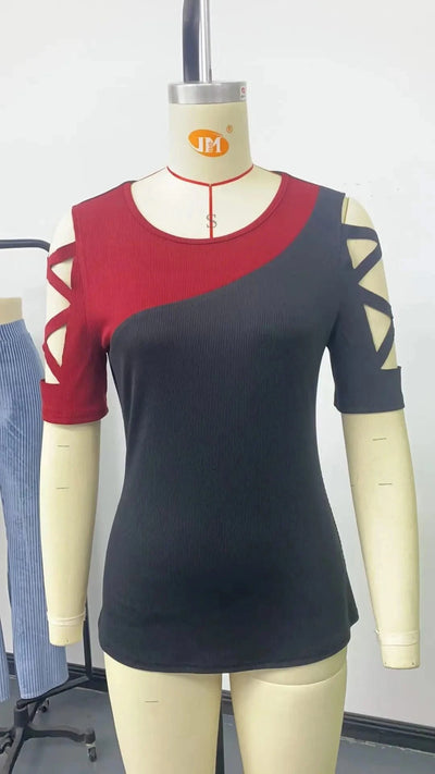 Women's Blouses T-shirt Summer New Colour Block Cross Off Shoulder
