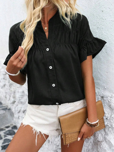 Women Button Solid Cotton Linen Blouses Summer 2025 Fashion Stand Up Short Sleeve Shirts Casual V-Neck Ruffles Office Lady Tops