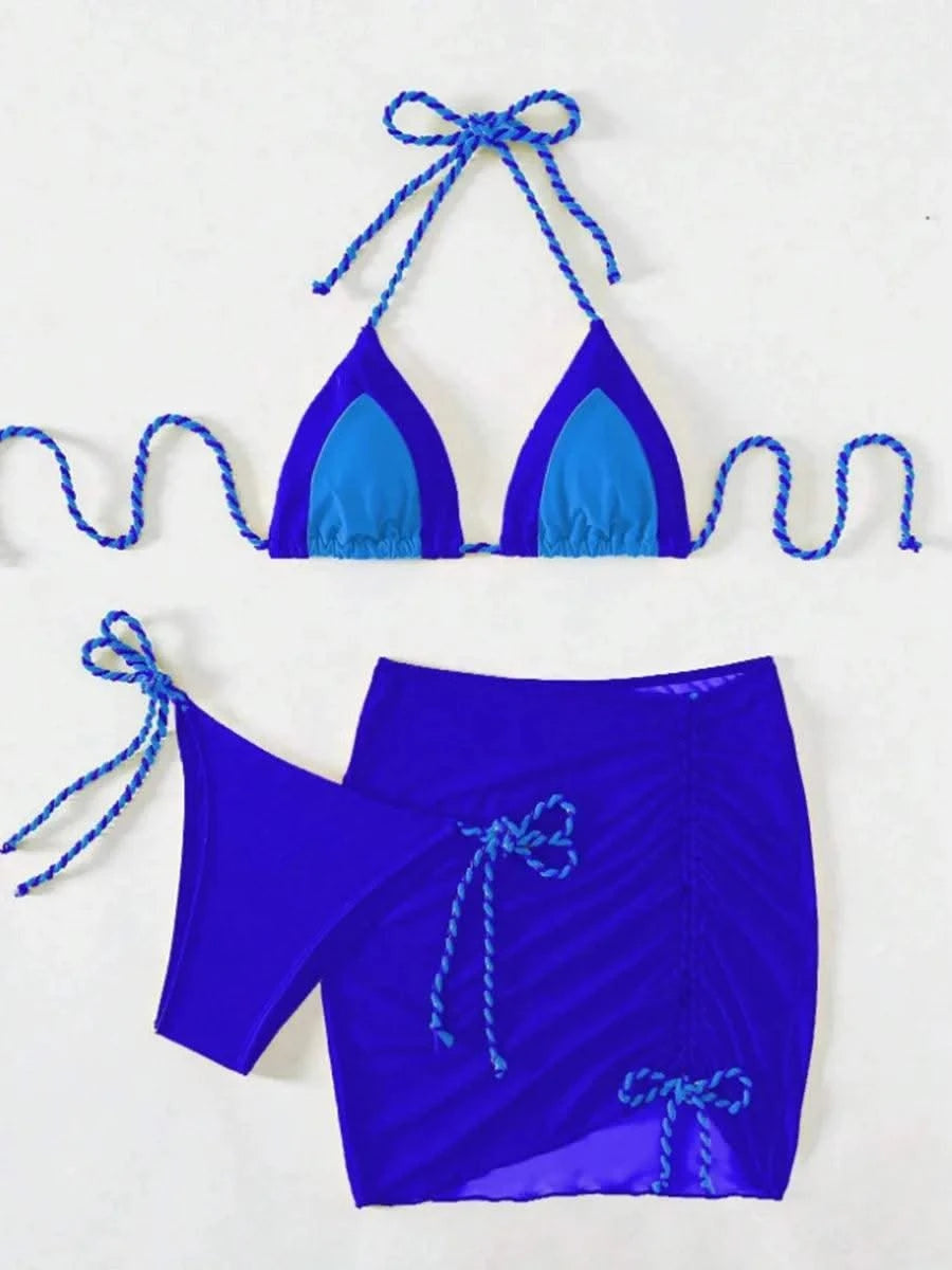 2025 Black Halter String 3 Piece Bikini Swimsuit Women