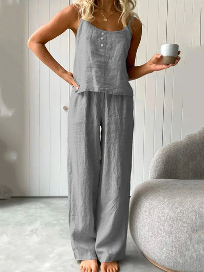 Cotton Linen Women's Suit Slip Vest Wide-leg Pants Suits Female Fashion Casual 2 Piece Sets Home Casual Clothes Ladies Sets 2025