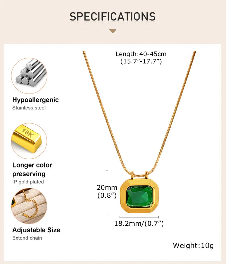 Square Solitaire Pendant Cubic Zirconia Necklace for Women, Stone Snake Link Adjustable, Stainless Steel Jewelry