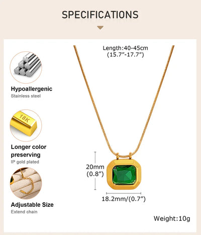Square Solitaire Pendant Cubic Zirconia Necklace for Women, Stone Snake Link Adjustable, Stainless Steel Jewelry