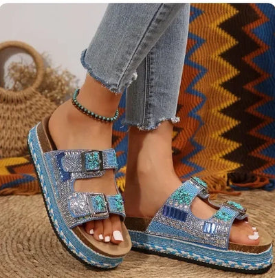 New Women's Rhinestone Thick Sole Twine Double Buckle Sandals, Soft Comfortable Women's Beach Slippers Large size