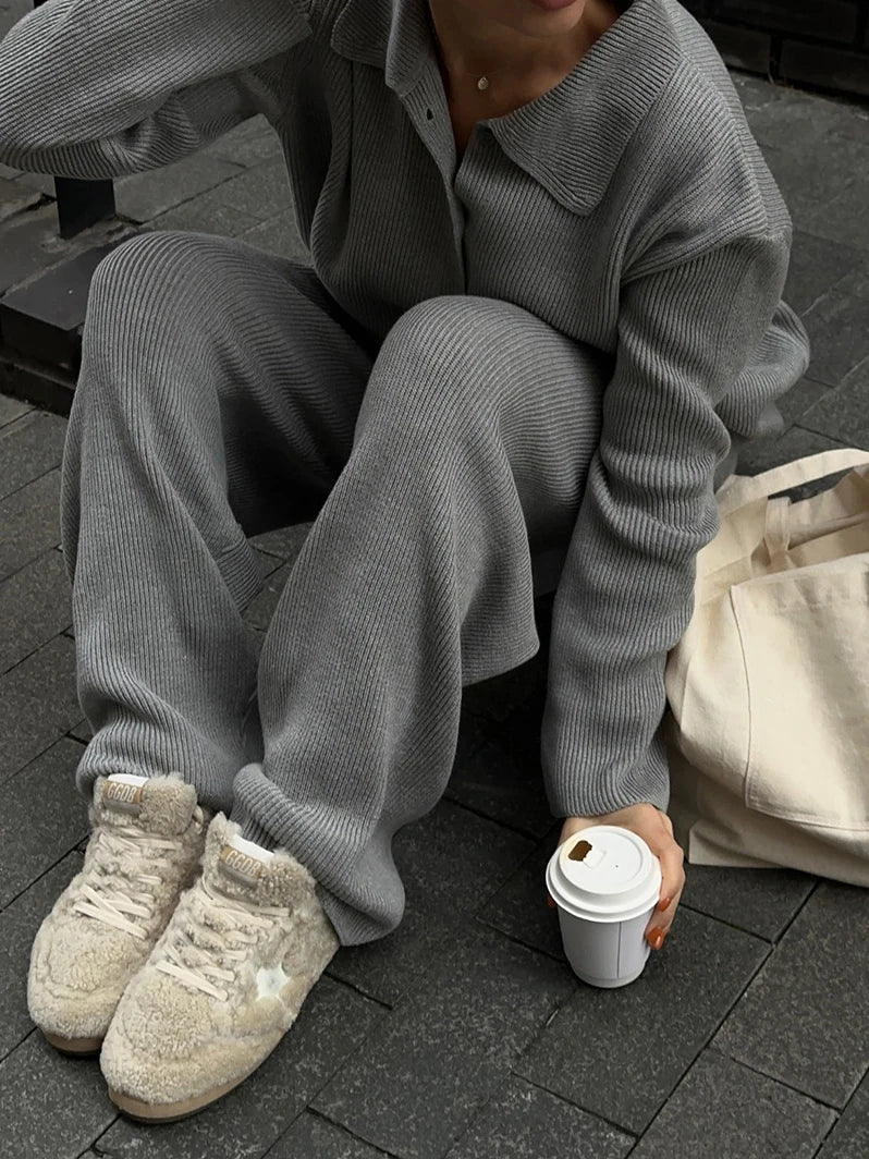 2025 Autumn Street Outfits Knitted Cardigan Pants Sets Women Single Breasted Lapel Sweater High Waist Wide Leg Trousers Suit