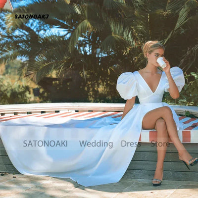 Customized Elegant V-Neck Satin Sheath Short Wedding Dress for Bride Puff Sleeves Bridal Gowns Backless Party Vestidos De Novia