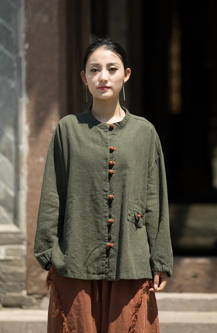 Cotton Linen Women's Literary Vintage Ramie Tops Shirt Women's Patchwork Colour Plate Button Lapel Cardigan Jacket Chinese Style