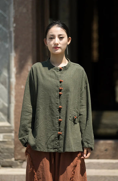 Cotton Linen Women's Literary Vintage Ramie Tops Shirt Women's Patchwork Colour Plate Button Lapel Cardigan Jacket Chinese Style