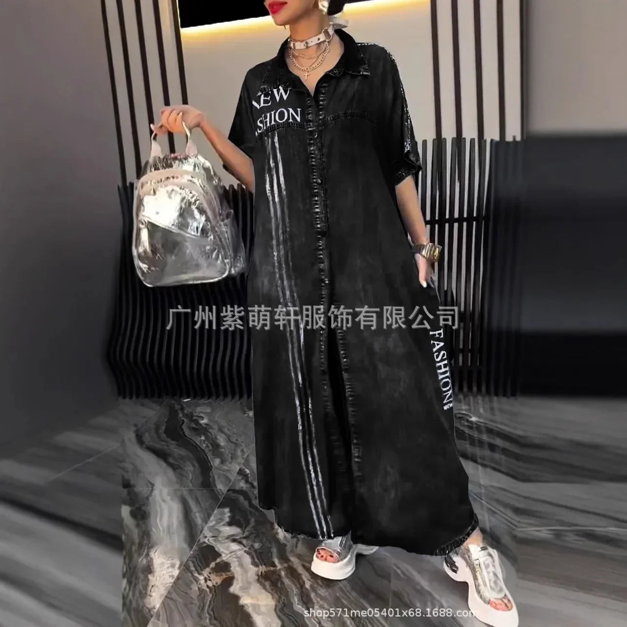 Denim Dress Women Long Dresses Letter Print Vestidos Single Breasted Turn Down Collar Distressed Maxi Gown Summer A Line