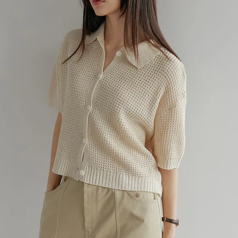 Women's Shirt Knit Solid-colored Short-sleeved Sweaters Tops All-match Pullovers T-shirt Polo-neck Crop Tops Girl's Tees Summer
