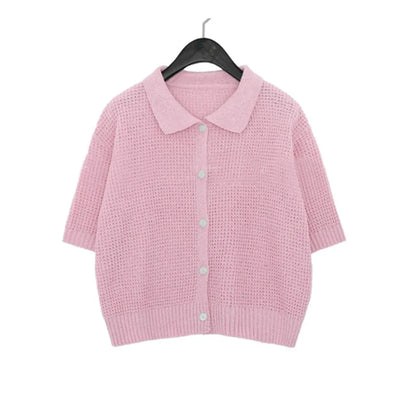 Women's Shirt Knit Solid-colored Short-sleeved Sweaters Tops All-match Pullovers T-shirt Polo-neck Crop Tops Girl's Tees Summer