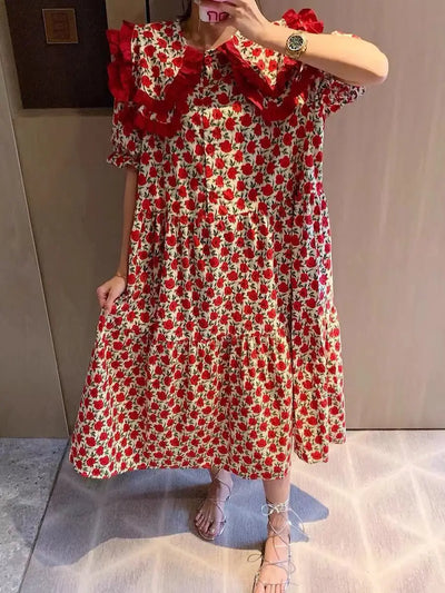 Summer Dress Women 2022 Chic Design Red Rose Print Peter Pan Collar Vintage Flowers Long Dress Puff Sleeve Maxi Cotton Dress