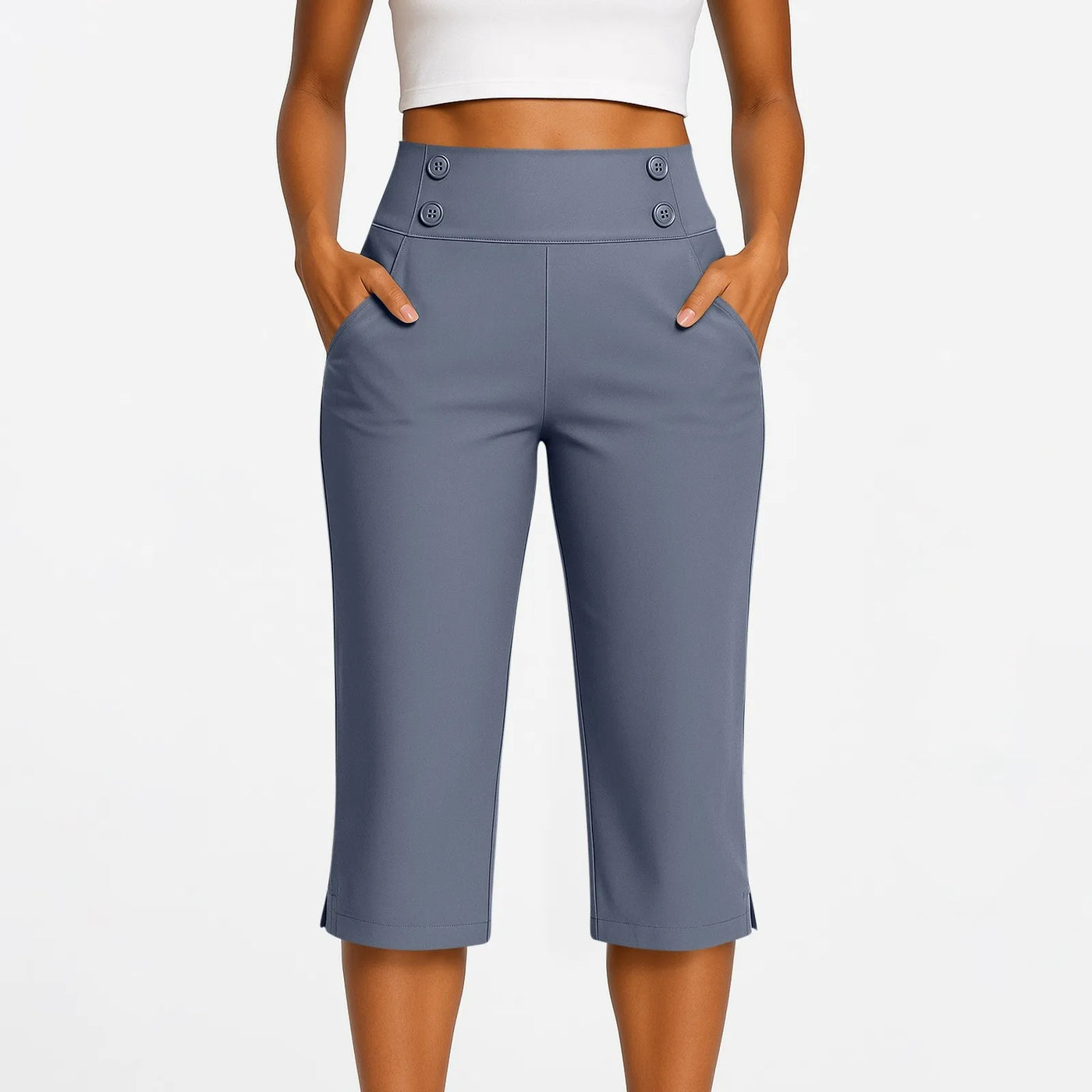 Women Elastic High Waist 3/4 Pant Casual Active Fit Wide Capris Leg Pants Trousers With Pockets Pants Woman брюки женские