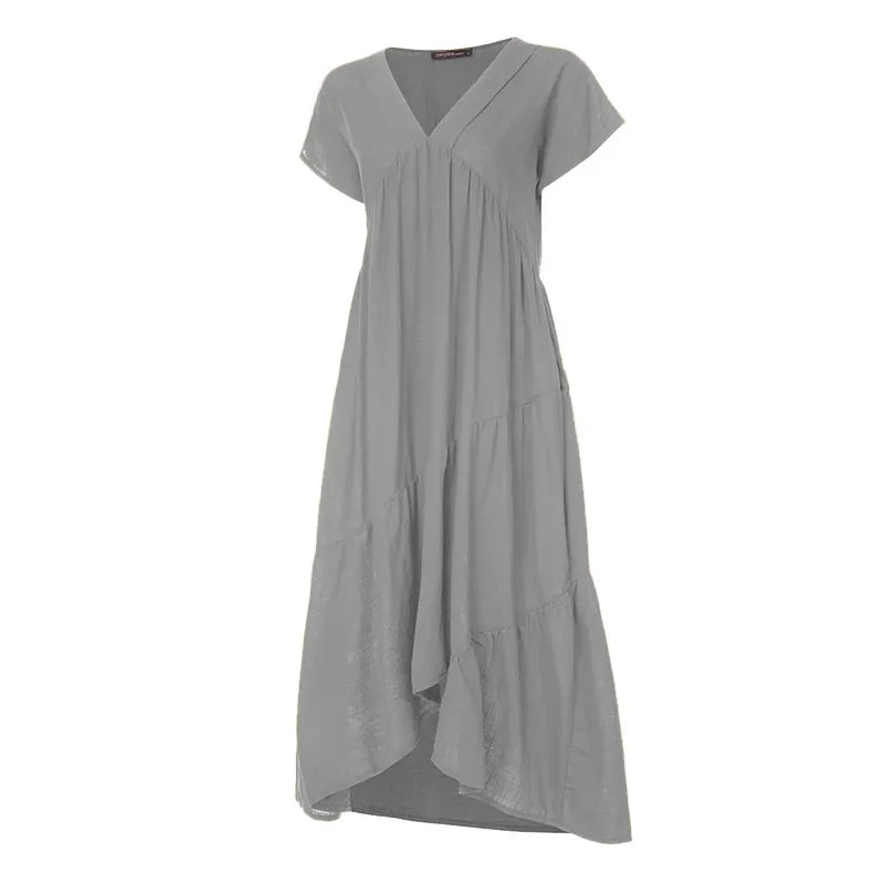 Cotton Linen Sexy V-neck Short Dress Summer New Women's Solid Color Multi-color Casual Loose Short Sleeved Mid Length Dress