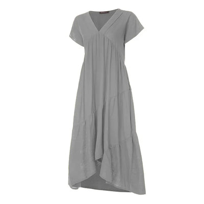 Cotton Linen Sexy V-neck Short Dress Summer New Women's Solid Color Multi-color Casual Loose Short Sleeved Mid Length Dress