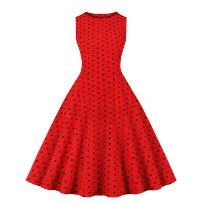 2025 New Women Party Dress Dot Print Sleeveless A Line 50s Evening Gowns Red A-line Tight Waist Prom Banquet Summer Midi Dress