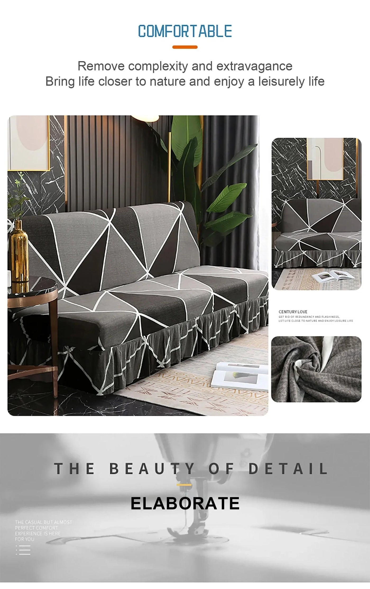 1/2/3Seater Sofa Bed Cover with Skirt Elastic Printing Seat Cover Armless Sofa Bed Cover Sofa Covers for Living Room Home Decor