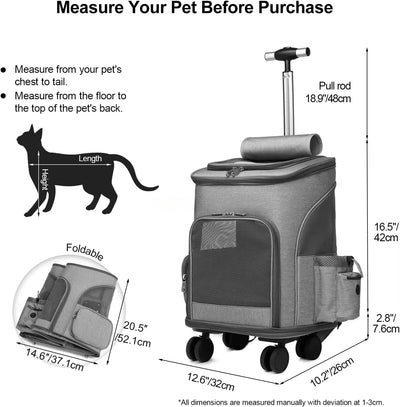 Folding Travel Pet Trolley Carrier with Wheels for Cat Dog Backpack Carriage Airline Approved Pet Trolley Carrier with Wheels