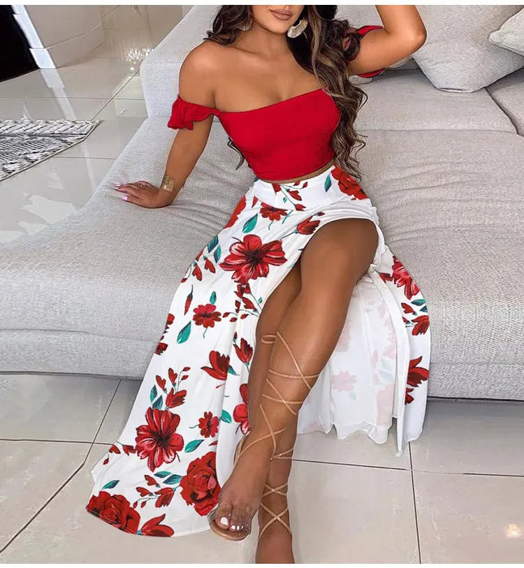 Summer Fashion Sets For Women 2 Pieces Solid Pleated Tops & Floral Print High Waist Midi Skirt Female Chic Lady Long Skirts Set