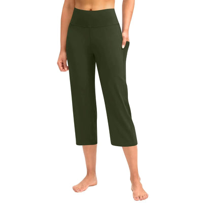 Women  Elastic High Waist 3/4 Pant Casual Active  Fit Wide Capris Leg Pants Trousers With Pockets Pants Woman брюки женские