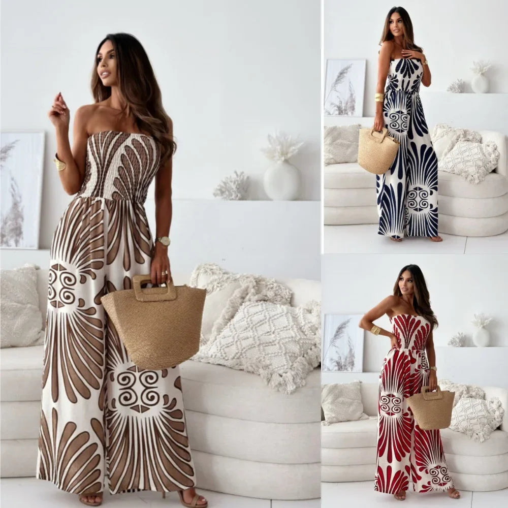 Jumpsuit for Women Fashionable Printed Tube Top Waisted Wide-leg Trousers Elegant One Pieces Jumpsuit for Women