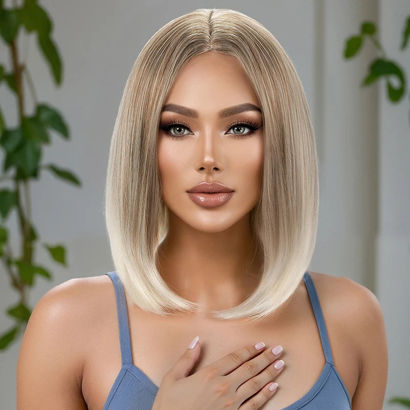 Wigs for Women; Synthetic Wig Cross-Border Golden Short Hair; Bobo Short Straight Hair; Synthetic Fiber Hair with Middle