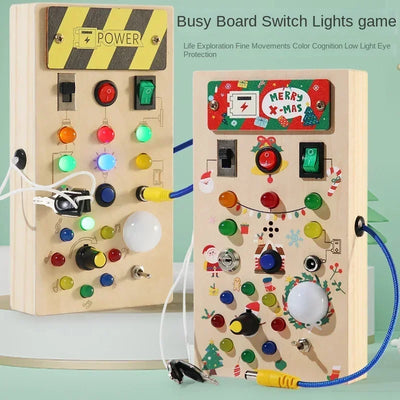 Montessori Busy Board Sensory Toys Wooden with LED Light Switch Control Board Travel Activities Children Games for 2-4 Years Old