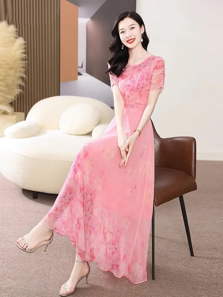 Women's Summer Dress 2025 New Fashion Printed Pink Chiffon Dress O-neck Short Sleeved Long Party Dresses Elegant Women Vestidos