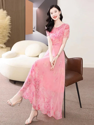 Women's Summer Dress 2025 New Fashion Printed Pink Chiffon Dress O-neck Short Sleeved Long Party Dresses Elegant Women Vestidos