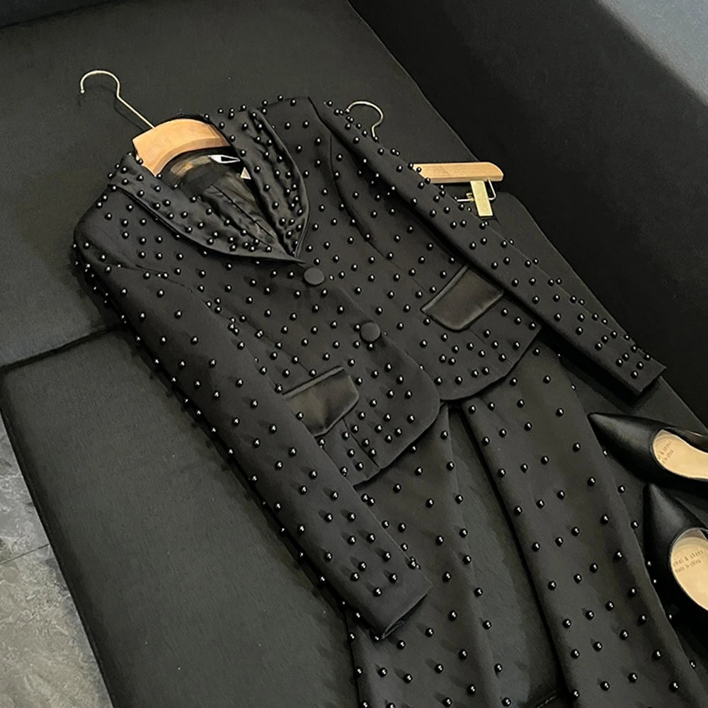TWOTWINSTYLE Spliced Pearl Solid Two Piece Sets For Women Lapel Long Sleeve Top High Waist Pants Elegant Set Female KSE534390