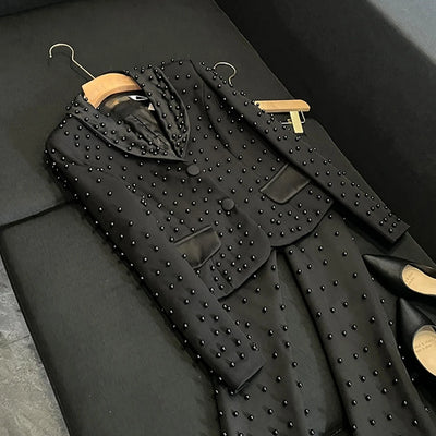 TWOTWINSTYLE Spliced Pearl Solid Two Piece Sets For Women Lapel Long Sleeve Top High Waist Pants Elegant Set Female KSE534390