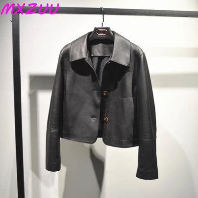 Women's Sheepskin Short Tops Harajuku Fashion Jassen Dames Slim Jaqueta De Couro Legítimo Square Collar Trendy Streetwear Coat
