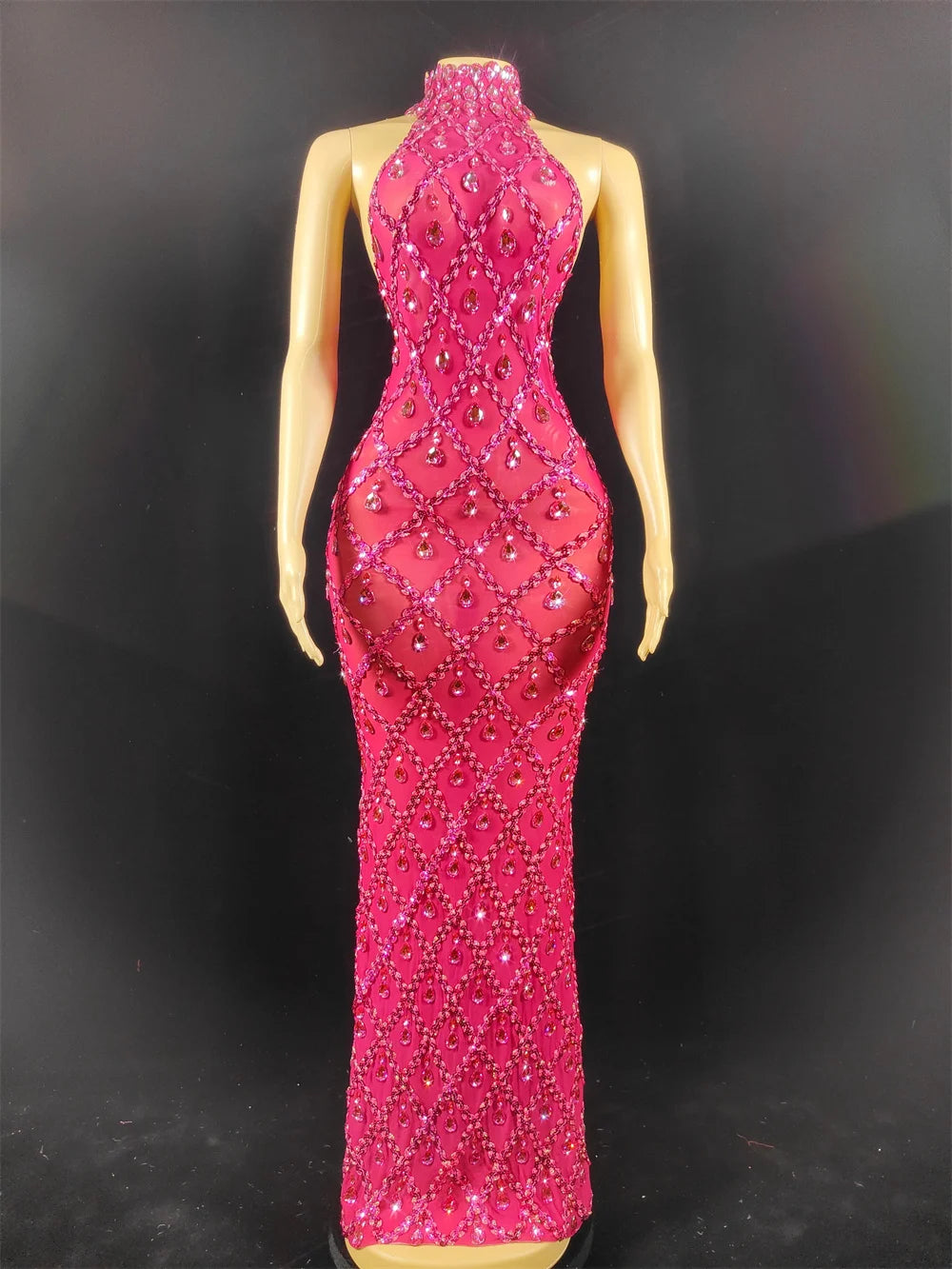 Women Sexy Stage Shining Rhinestone Sequins Dress Evening Prom Birthday Dress Transparent Performance Singer Club Host Dress