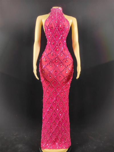 Women Sexy Stage Shining Rhinestone Sequins Dress Evening Prom Birthday Dress Transparent Performance Singer Club Host Dress