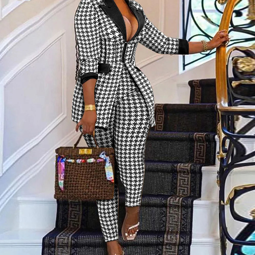 Women Two Piece Sets Outfits Elegant Tweed Slim Long Trousers Short Coat Tops Lady Clothes Formal Business Office Work Suits