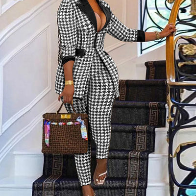Women Two Piece Sets Outfits Elegant Tweed Slim Long Trousers Short Coat Tops Lady Clothes Formal Business Office Work Suits