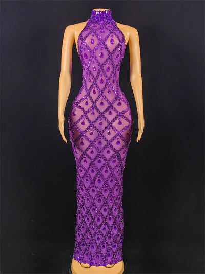 Women Sexy Stage Shining Rhinestone Sequins Dress Evening Prom Birthday Dress Transparent Performance Singer Club Host Dress