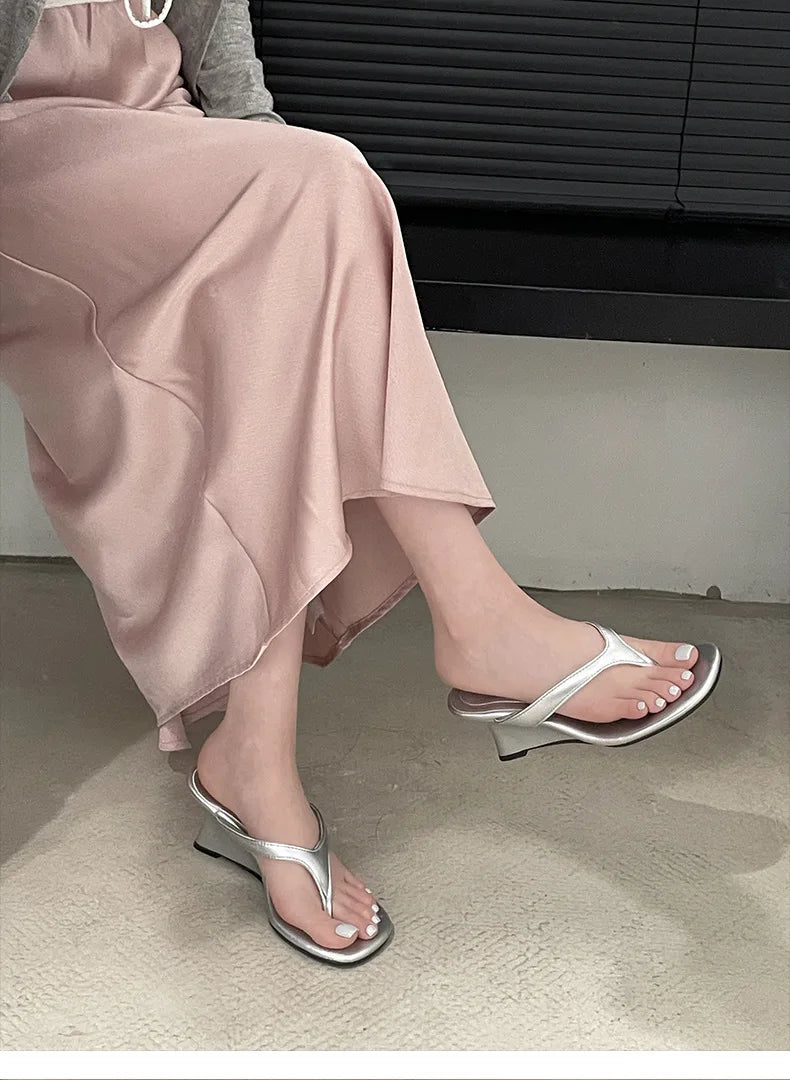 Women High-heeled Slippers 2025 Summer Clip Toe Flip Flop Fashion Pumps French Wedge Sandals Square Toe Ladies Shoes Sandalias