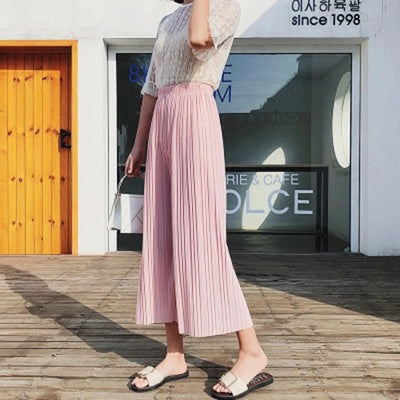 Women's Pants Wide Leg Pants Crinkle Plain Trousers Baggy Elastic Waist Bottoms Woman Clothes pantalones ropa para mujer 바지