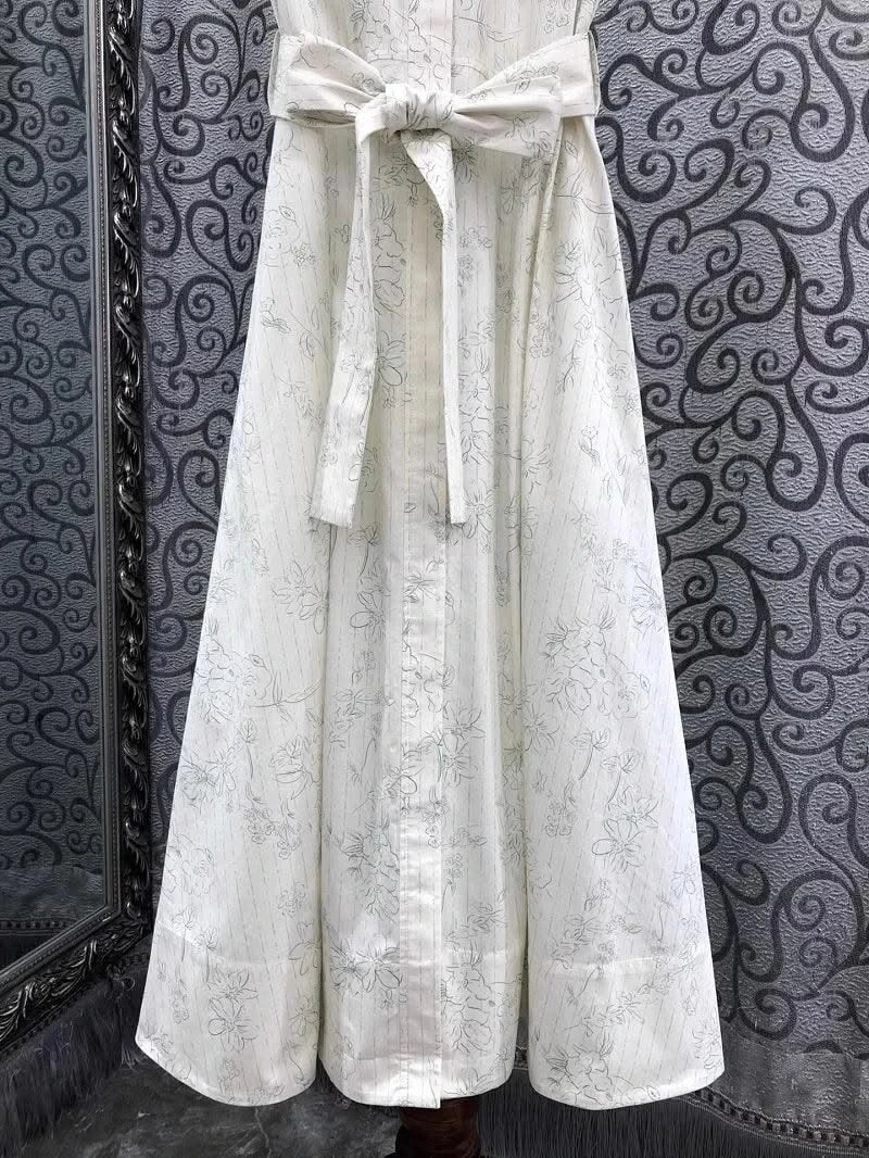 Newest Fashion Summer Dress 2025 High Quality Cotton Women Turn-down Collar Floral Embroidery Short Sleeve Long Shirt Dress Belt