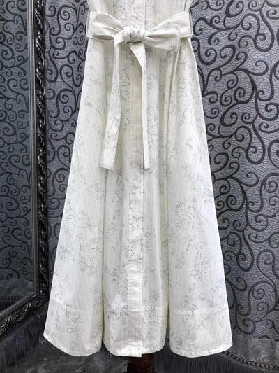 Newest Fashion Summer Dress 2025 High Quality Cotton Women Turn-down Collar Floral Embroidery Short Sleeve Long Shirt Dress Belt