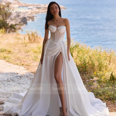 Romantic Wedding Dress fullSatin Ball Gown elegant pleats split sleeveless Strapless customized Bride zipper Robe Mariée Satin